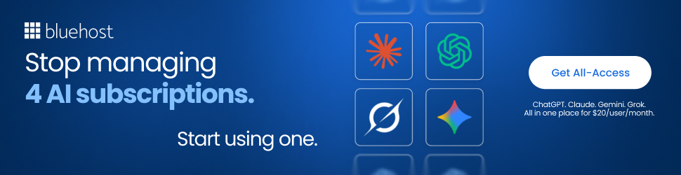 Bluehost AI All-Access — Stop managing 4 AI subscriptions. Start using one platform for $20/user/month.