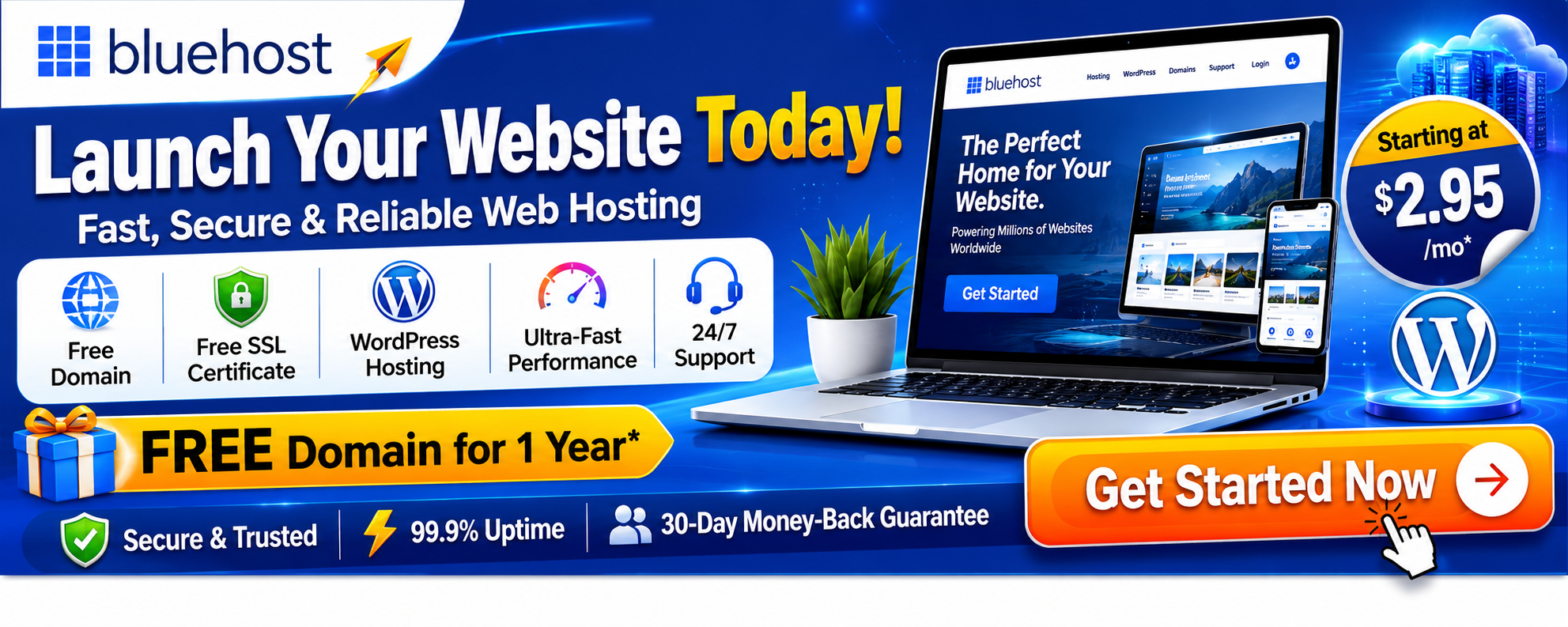 Launch Your Website Today with Bluehost — Fast, Secure & Reliable Web Hosting. Free Domain, Free SSL, WordPress Hosting. Starting at $2.95/mo. 30-Day Money-Back Guarantee.